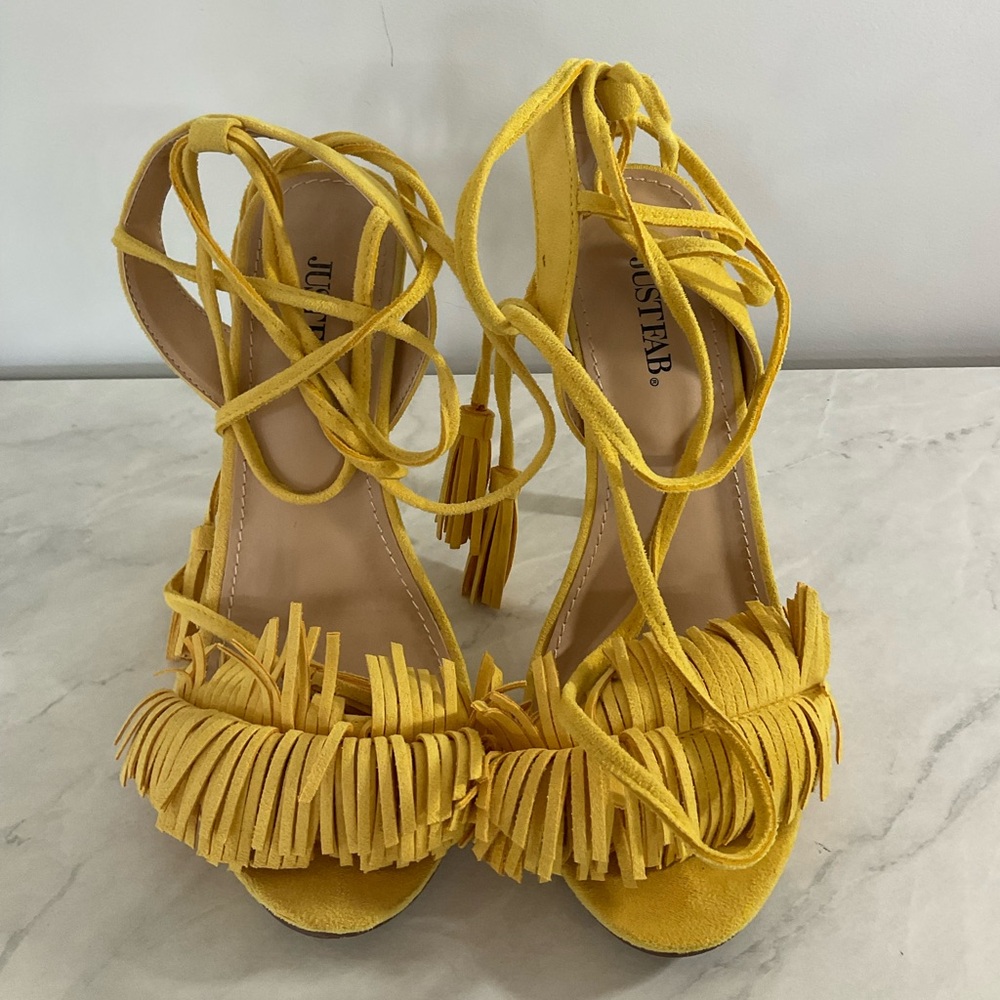 JustFab Mustard Fringe Ankle Wrap Heels - Sz. 8.5